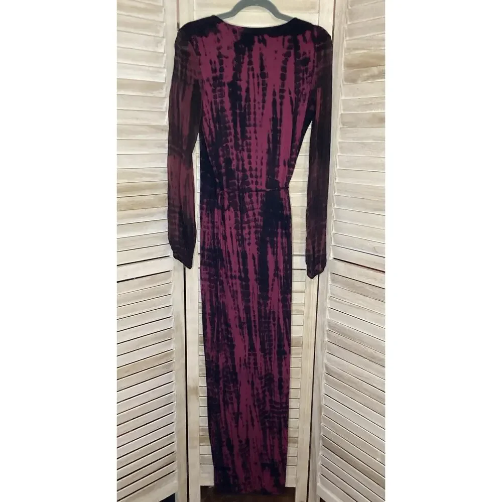 Indah Burgundy Black Tie Dye Slinky Full Length Wrap Maxi Dress S